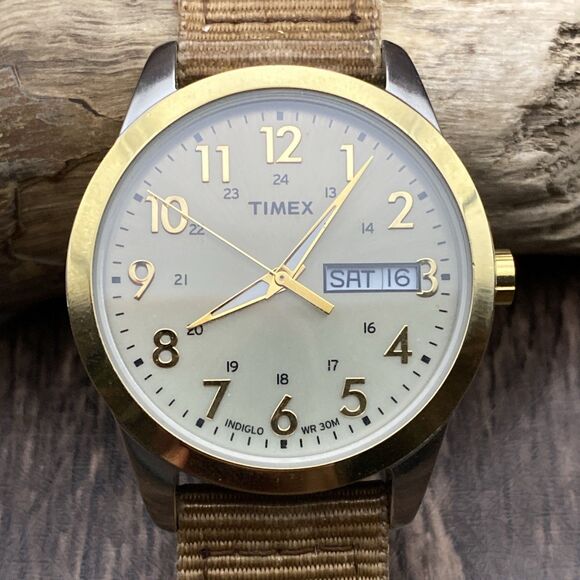 Timex Men T2M935 Day Date Indiglo Two Tone Quartz 36mm Watch w/ New Battery - Picture 1 of 8